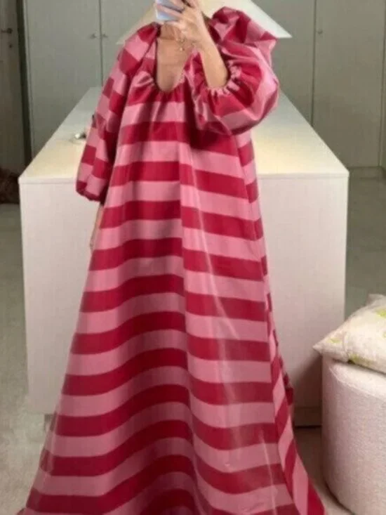 Pink Red Casual Women's V-Neck Striped Maxi Dress - Picture 5 of 7